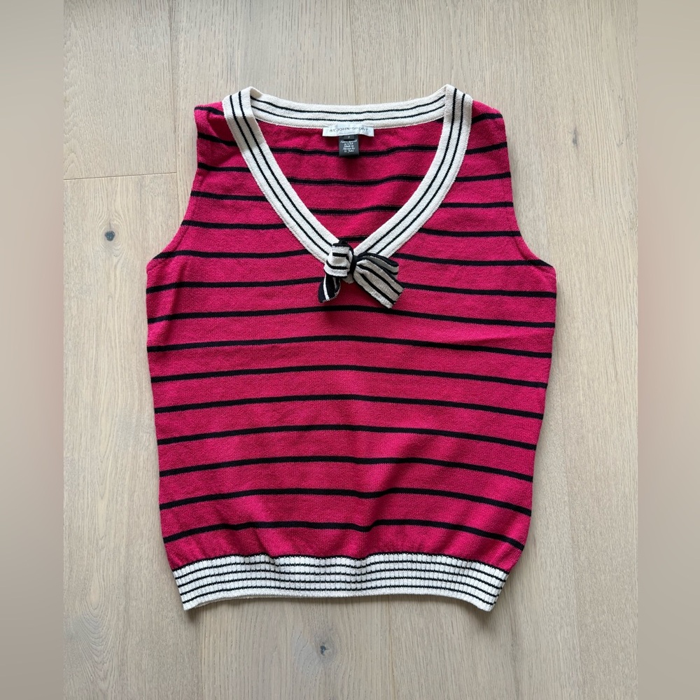 ST JOHN SPORT Pink and Black Striped Sleeveless Top with Bow